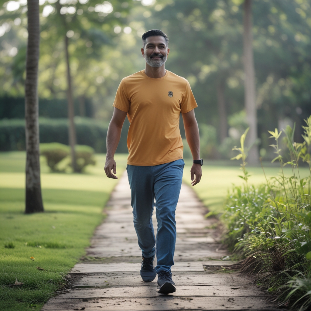 Pria dewasa berusia sekitar 45 tahun dengan pakaian olahraga santai berwarna abu-abu sedang berjalan kaki di jalur taman hijau yang rindang pada pagi hari, ekspresi tenang dan sehat