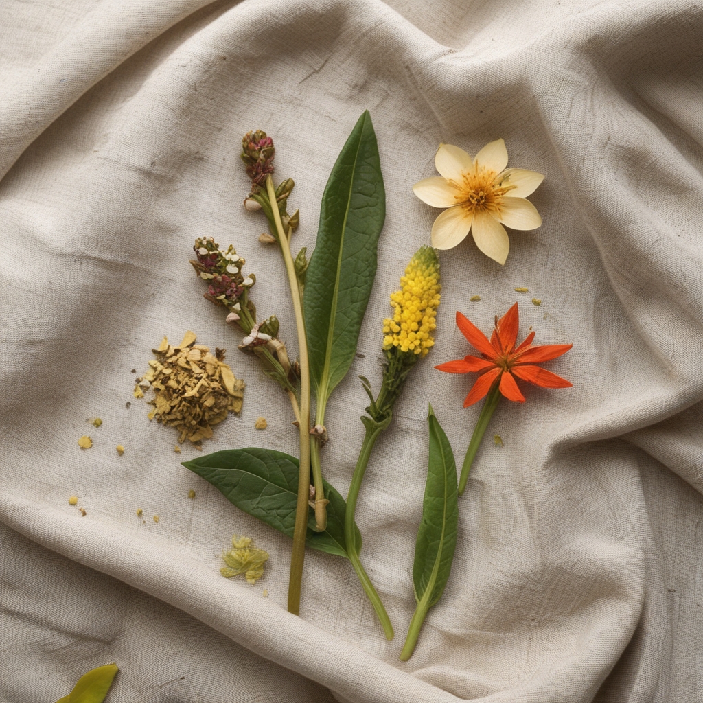 Koleksi tanaman adaptogen kering dan segar diletakkan secara artistik di atas kain linen beige termasuk akar ashwagandha berwarna cokelat muda, bunga rhodiola kuning kecil, dan biji schisandra merah kering